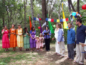 Mary & Brendan's Wedding at their home on Macleay Island Redlands off Brisbane. Mary & Brendan had a 7 Chakra Handfasting and the Wedding Party the Bride & Groom and Marry Me Marilyn each represented a chakra.